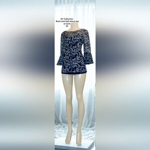 NY Collection Bell Sleeve Sheer Top Black & White Swirl Print M